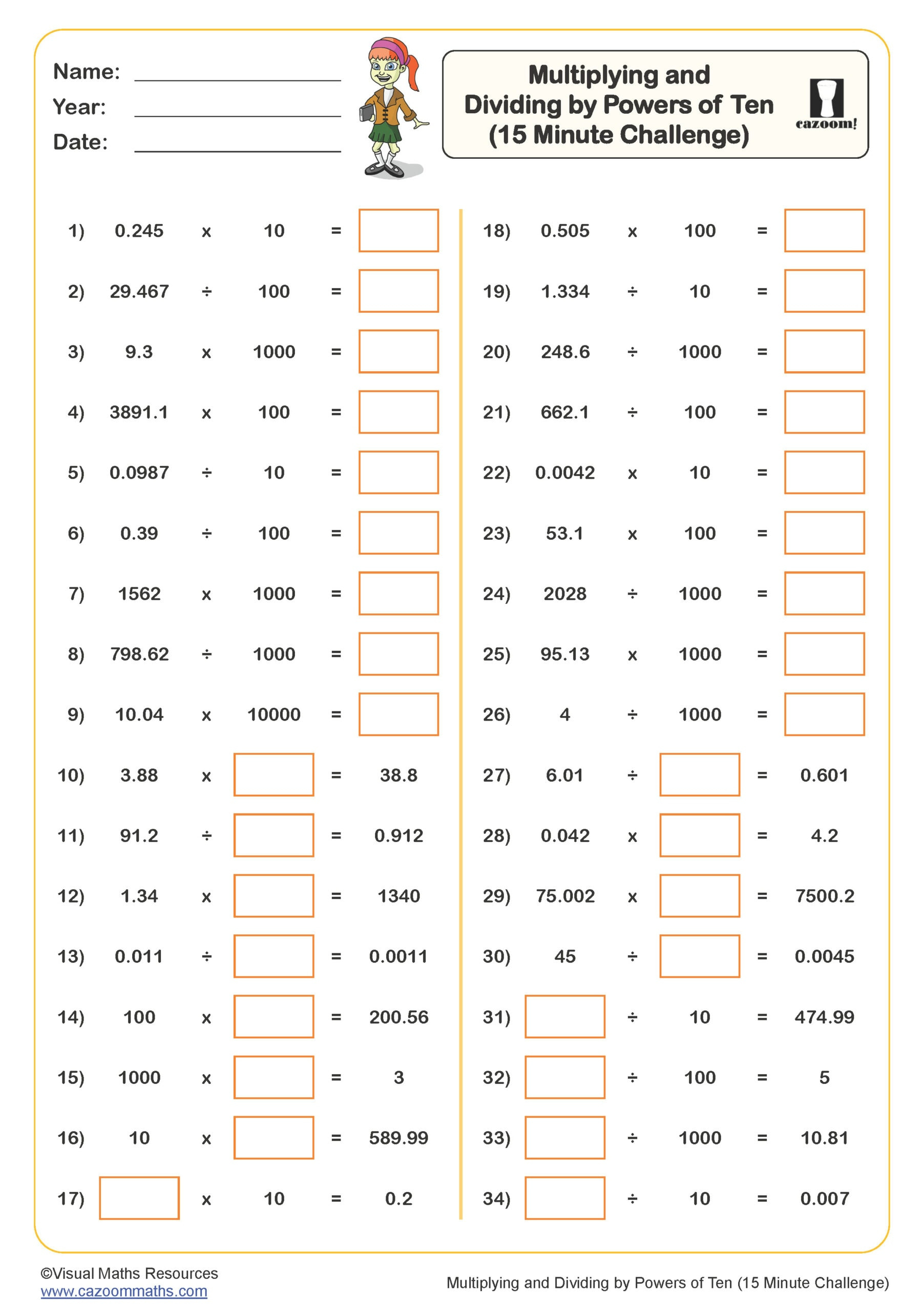 Multiplying And Dividingpowers Of Ten Worksheet (15 Minute regarding Powers of 10 Multiplication Worksheets