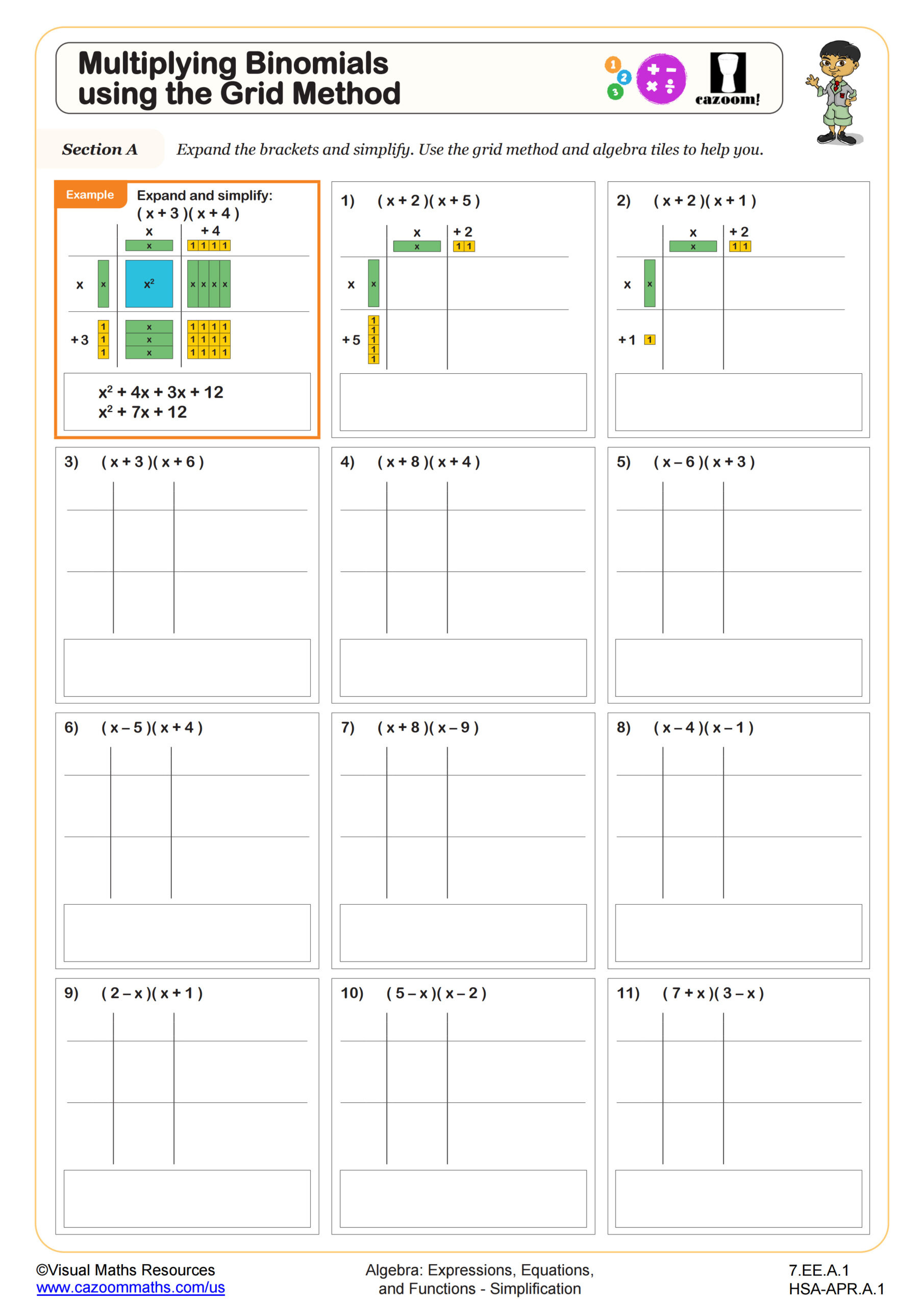 Multiplying Binomials Using The Grid Method Worksheet | 7Th Grade with regard to Grid Method Multiplication Worksheet