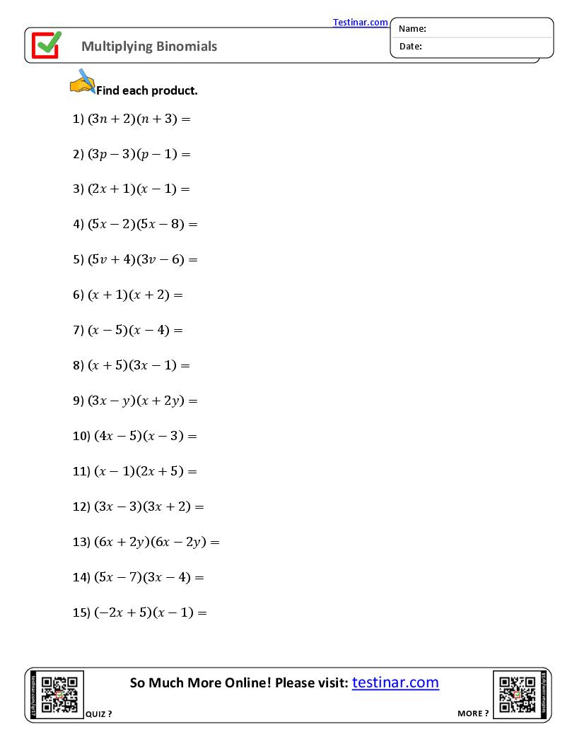 Multiplying Binomials Worksheets pertaining to Multiplication of Polynomials Worksheet