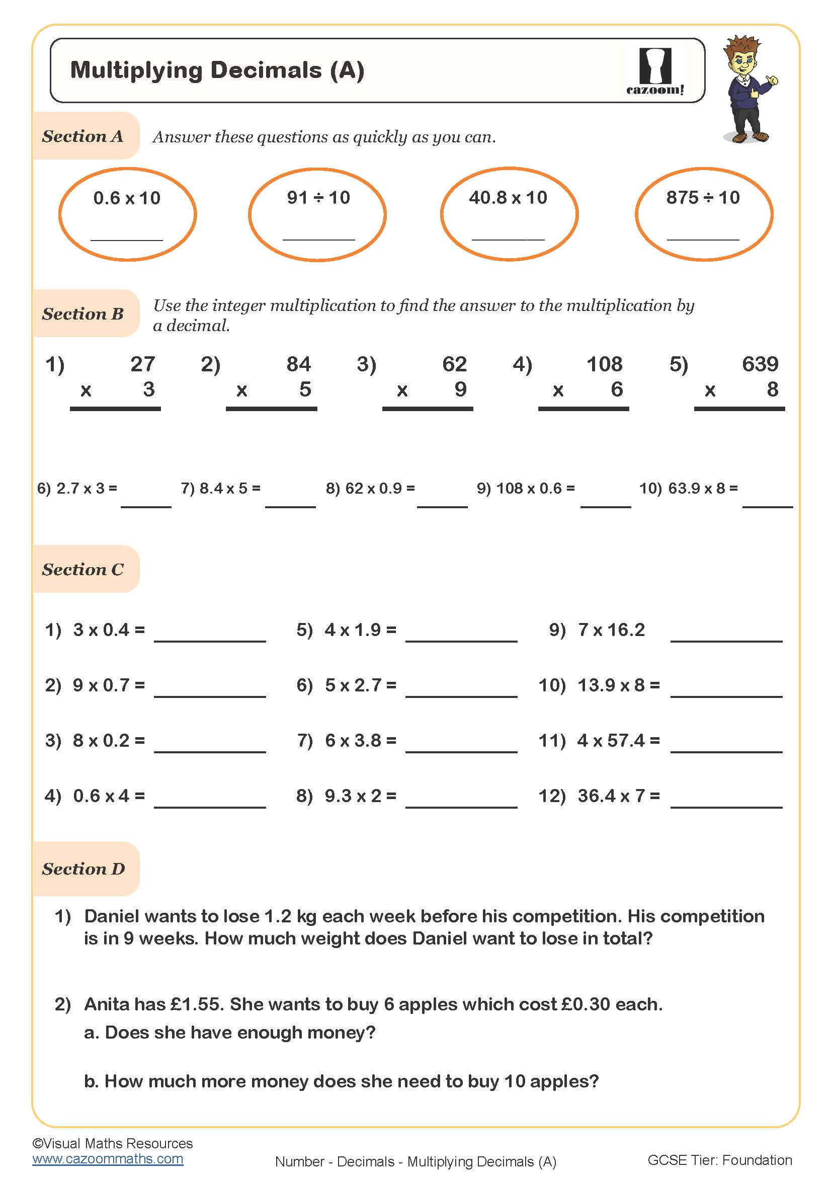 Multiplying Decimals (A) Worksheet | Cazoom Maths Worksheets with Multiplication of Whole Numbers and Decimals Worksheet