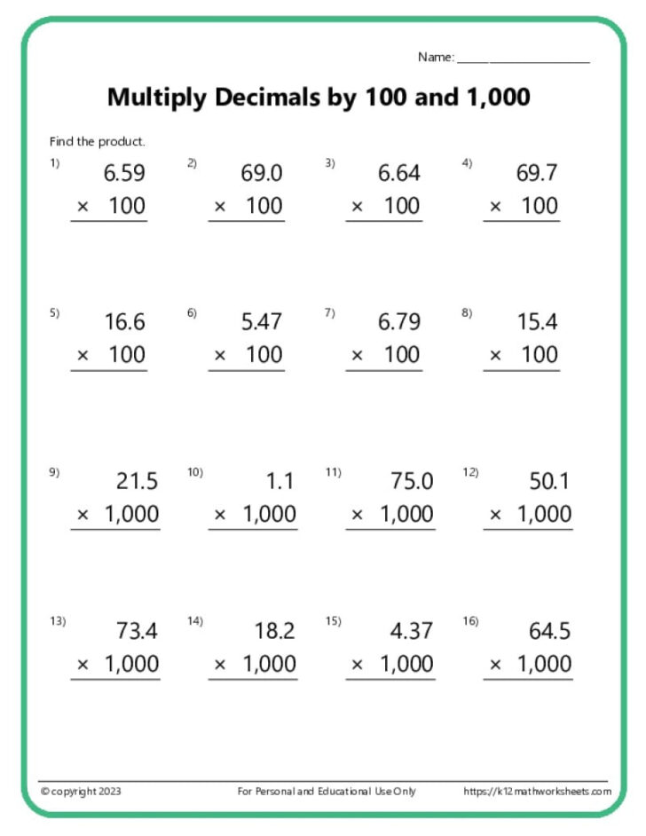 Multiplication by 100 Worksheets