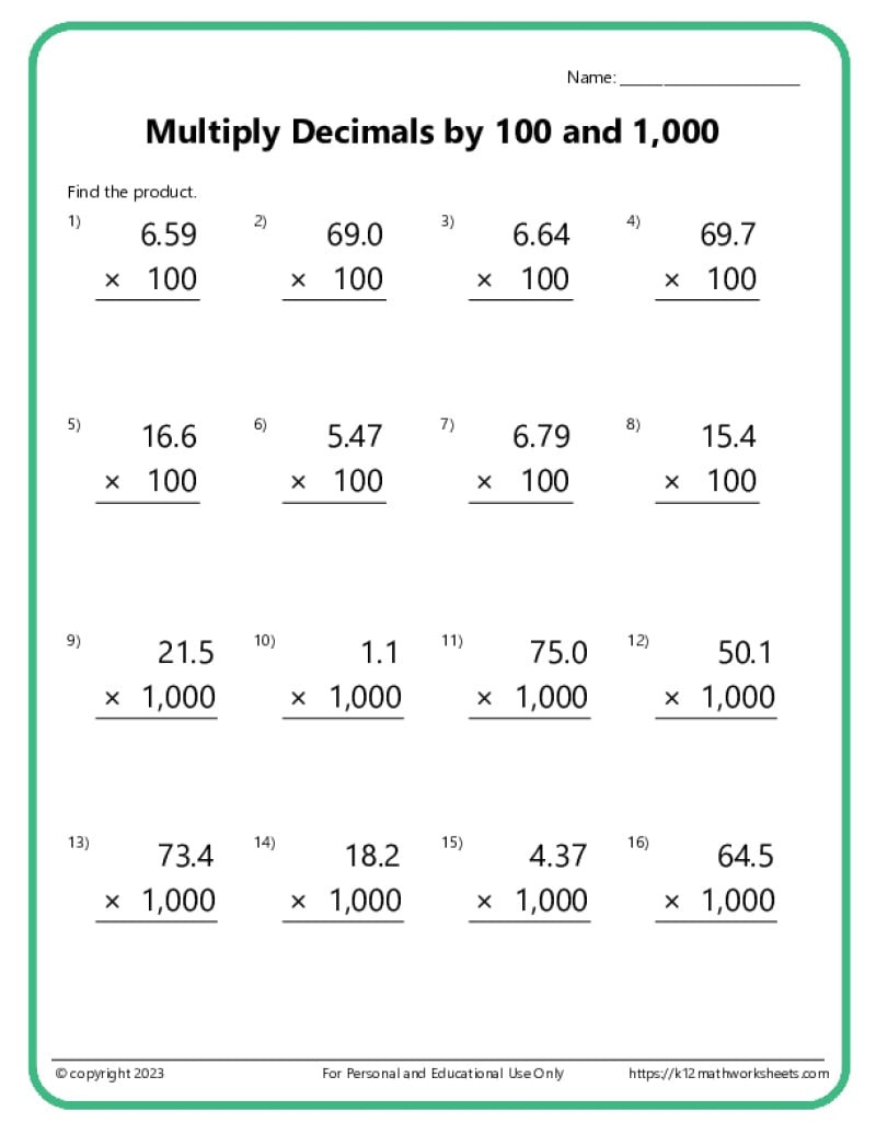 Multiplying Decimals Worksheets in Multiplication by 100 Worksheets
