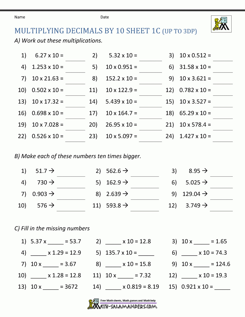 Multiplying Decimals10 100 with regard to Multiplication with Decimals Worksheets