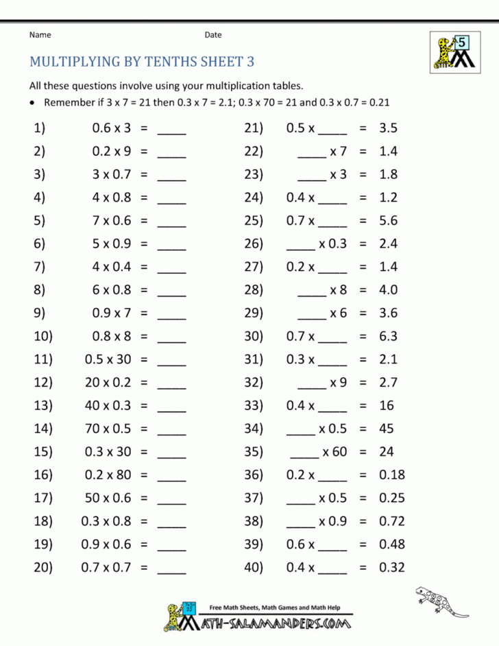 Multiplication Worksheets with Decimals