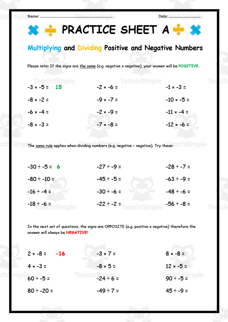 Multiplying + Dividing Positive And Negative Numbers Practice Sheet A for Integer Multiplication and Division Worksheet