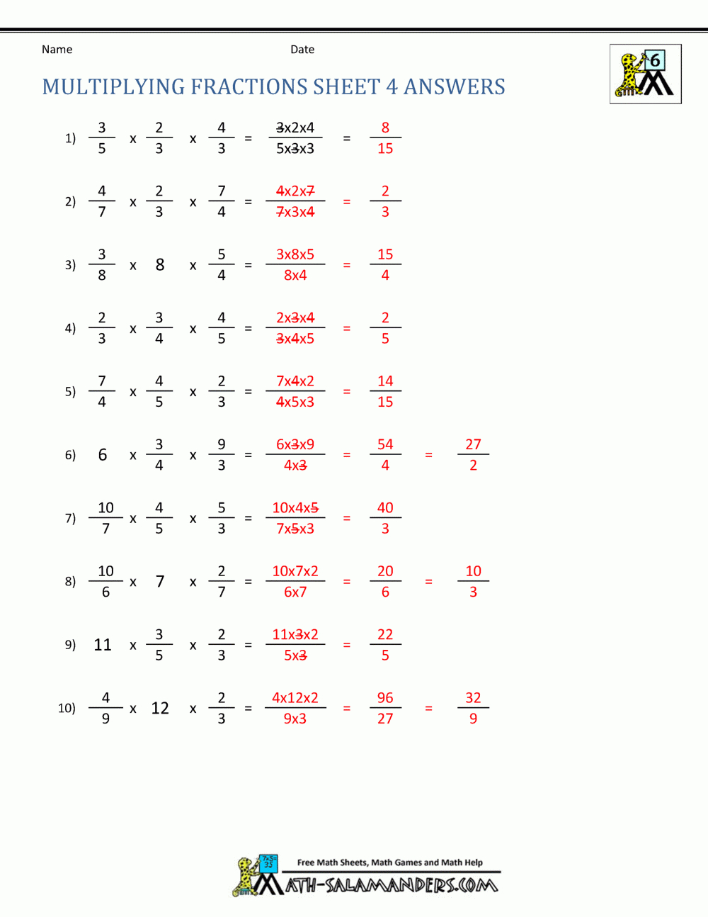 Multiplying Fractions Sheet 4 Answers intended for Fraction Multiplication Worksheets with Answers