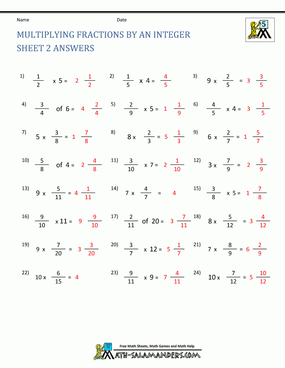 Multiplying Fractions Worksheet pertaining to Multiplication of Fractions with Whole Numbers Worksheets
