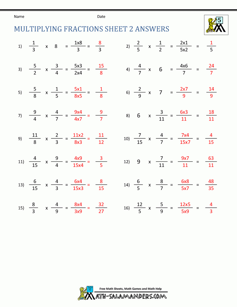 Multiplying Fractions Worksheet with regard to Multiplication Fractions Worksheets with Answers