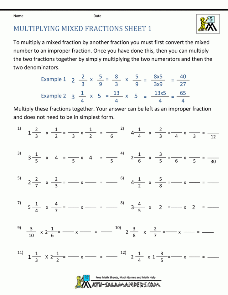 Multiplication of Fractions with Whole Numbers Worksheets