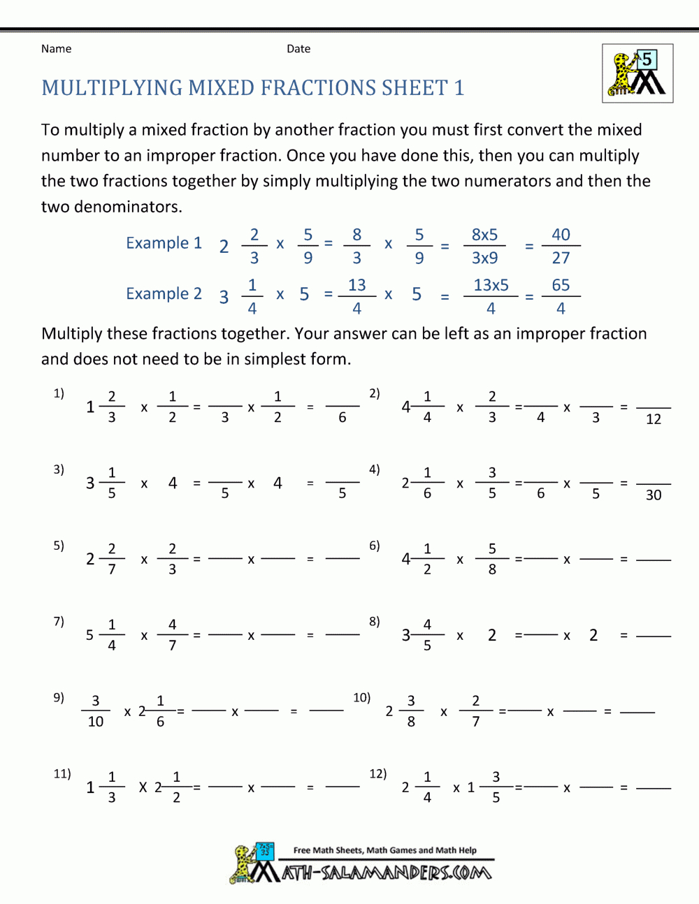 Multiplying Mixed Fractions inside Multiplication of Fractions with Whole Numbers Worksheets