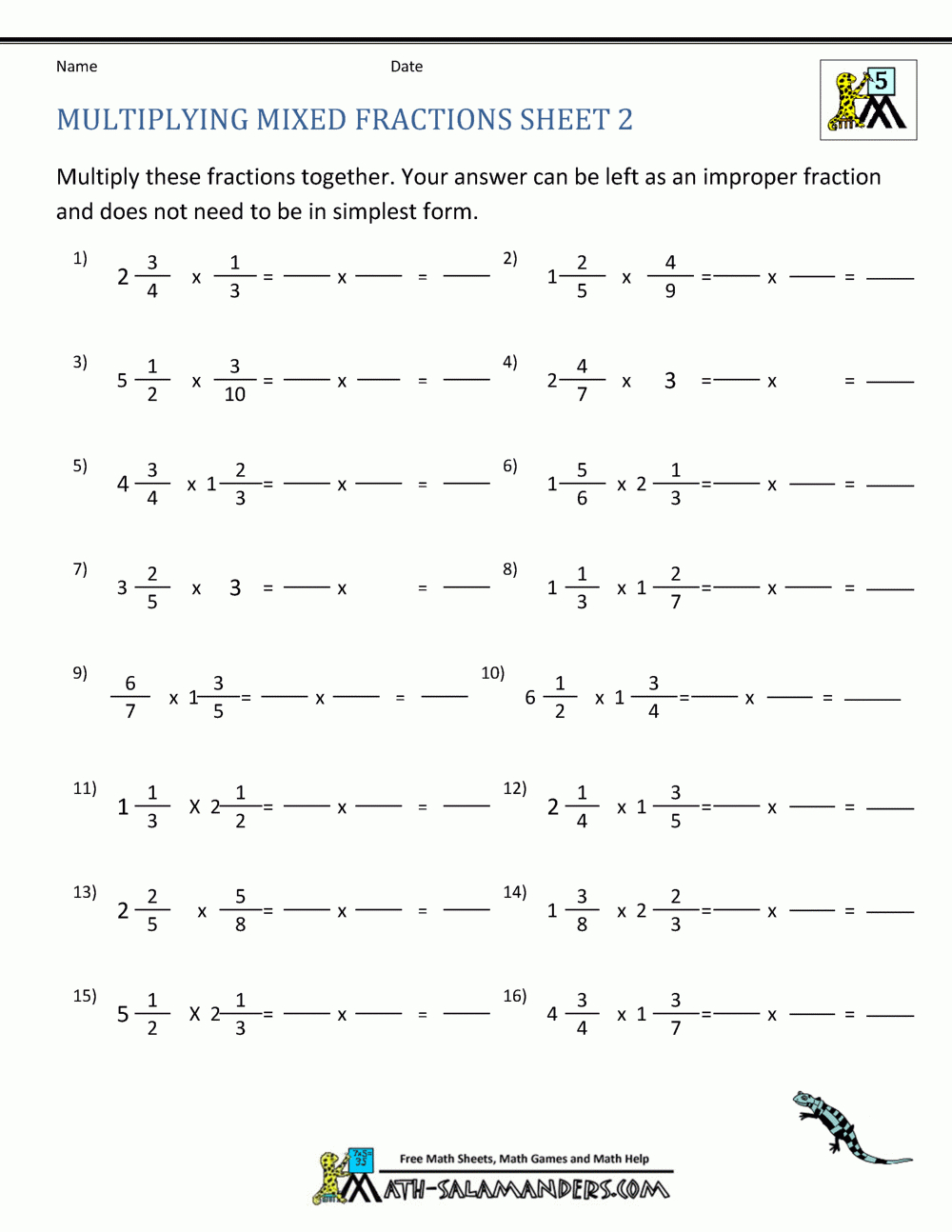 Multiplying Mixed Fractions inside Multiplication of Mixed Numbers Worksheets