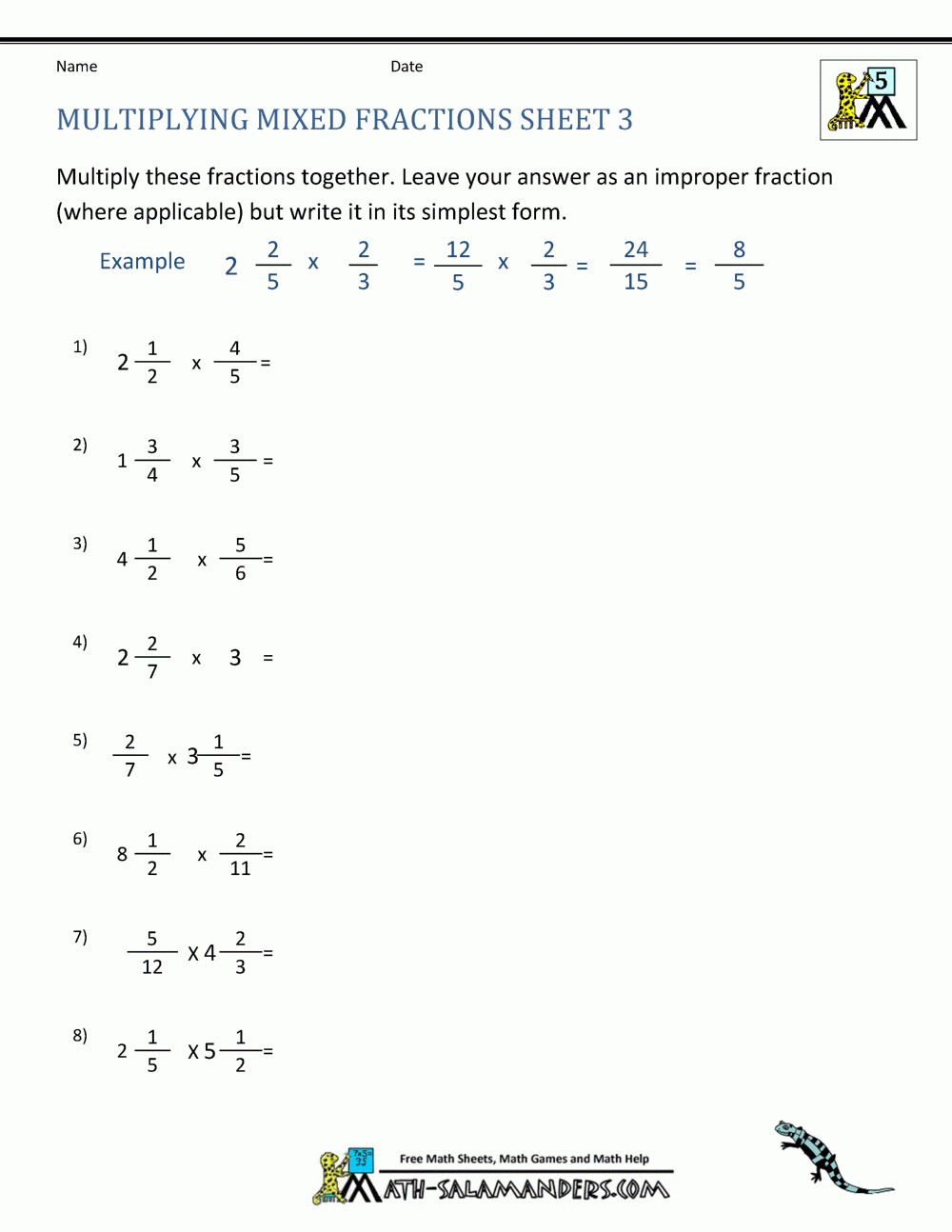 Multiplying Mixed Fractions intended for Multiplication of Fractions and Mixed Numbers Worksheets