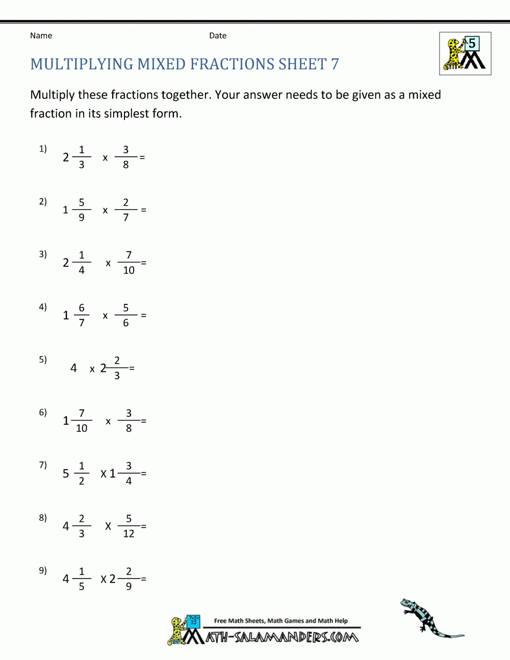 Multiplying Mixed Fractions pertaining to Mixed Fraction Multiplication and Division Worksheet