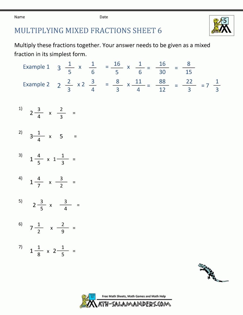 Multiplying Mixed Fractions pertaining to Multiplication of Mixed Fractions Worksheets