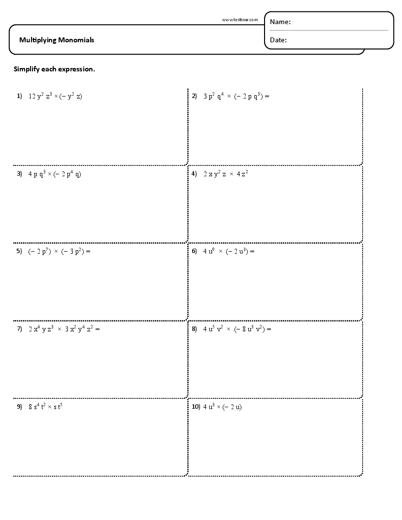 Multiplying Monomials Worksheets intended for Multiplication Of Monomials Worksheet