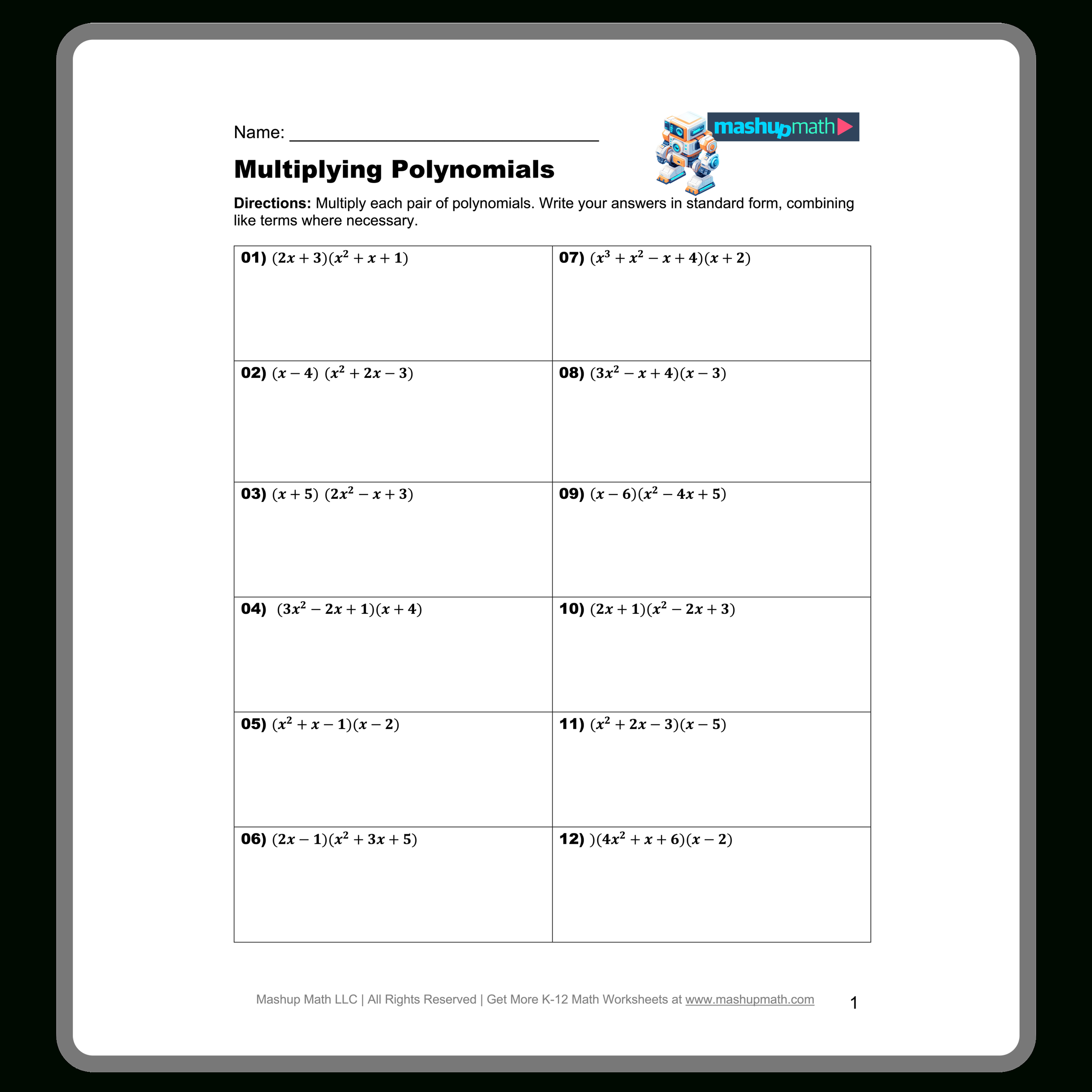 Multiplying Polynomials Worksheets—Printable With Answers — Mashup for Multiplication of Polynomials Worksheet