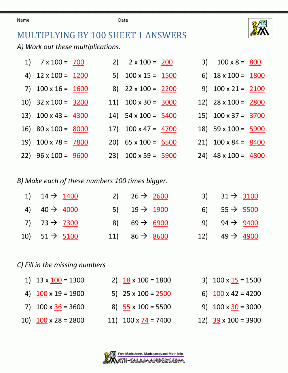 Multiplying10 And 100 Worksheets for 100 Problems With Hard Multiplication Answers