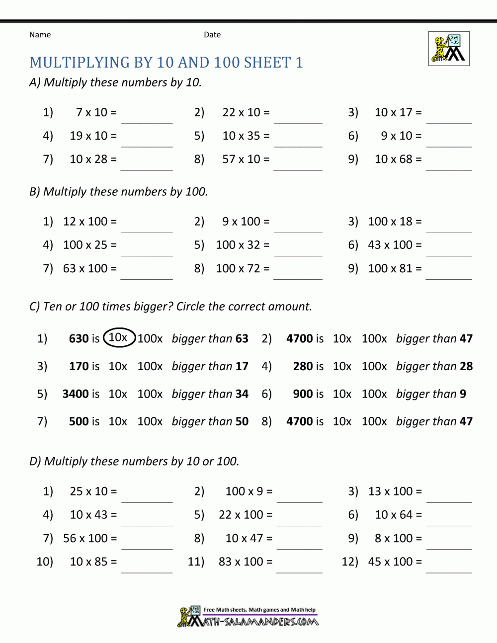 Multiplying10 And 100 Worksheets for Multiplication of Large Numbers Worksheet