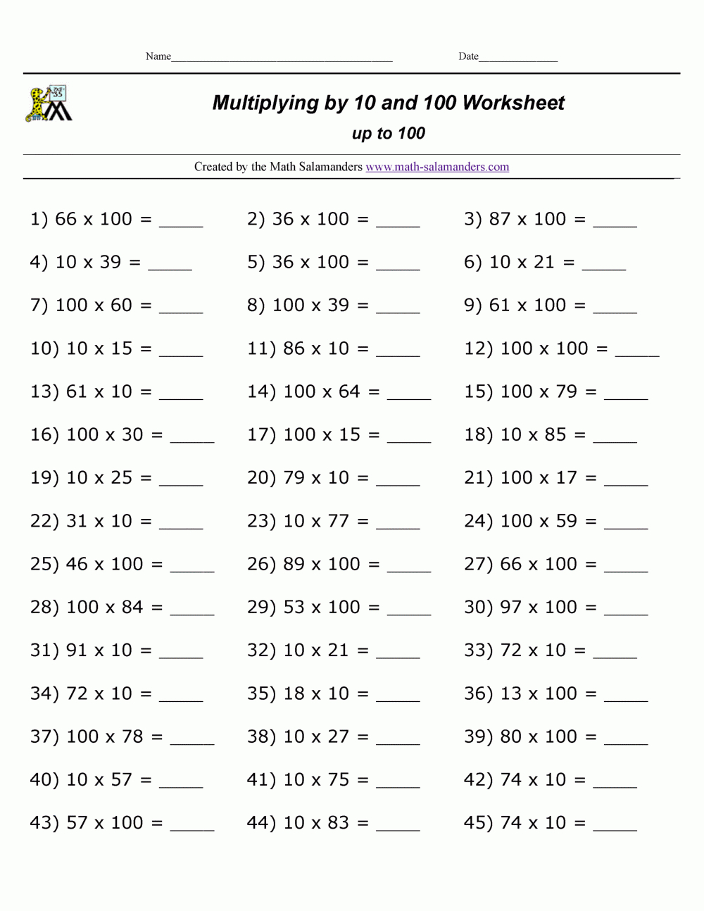 Multiplying10 And 100 Worksheets intended for 100 Questions Multiplication Worksheets