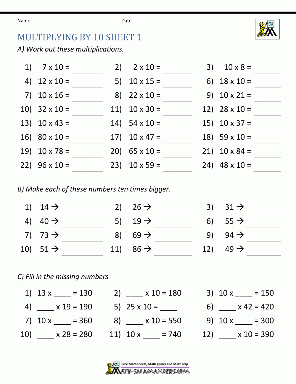 Multiplying10 And 100 Worksheets throughout 10th Class Multiplication Worksheet