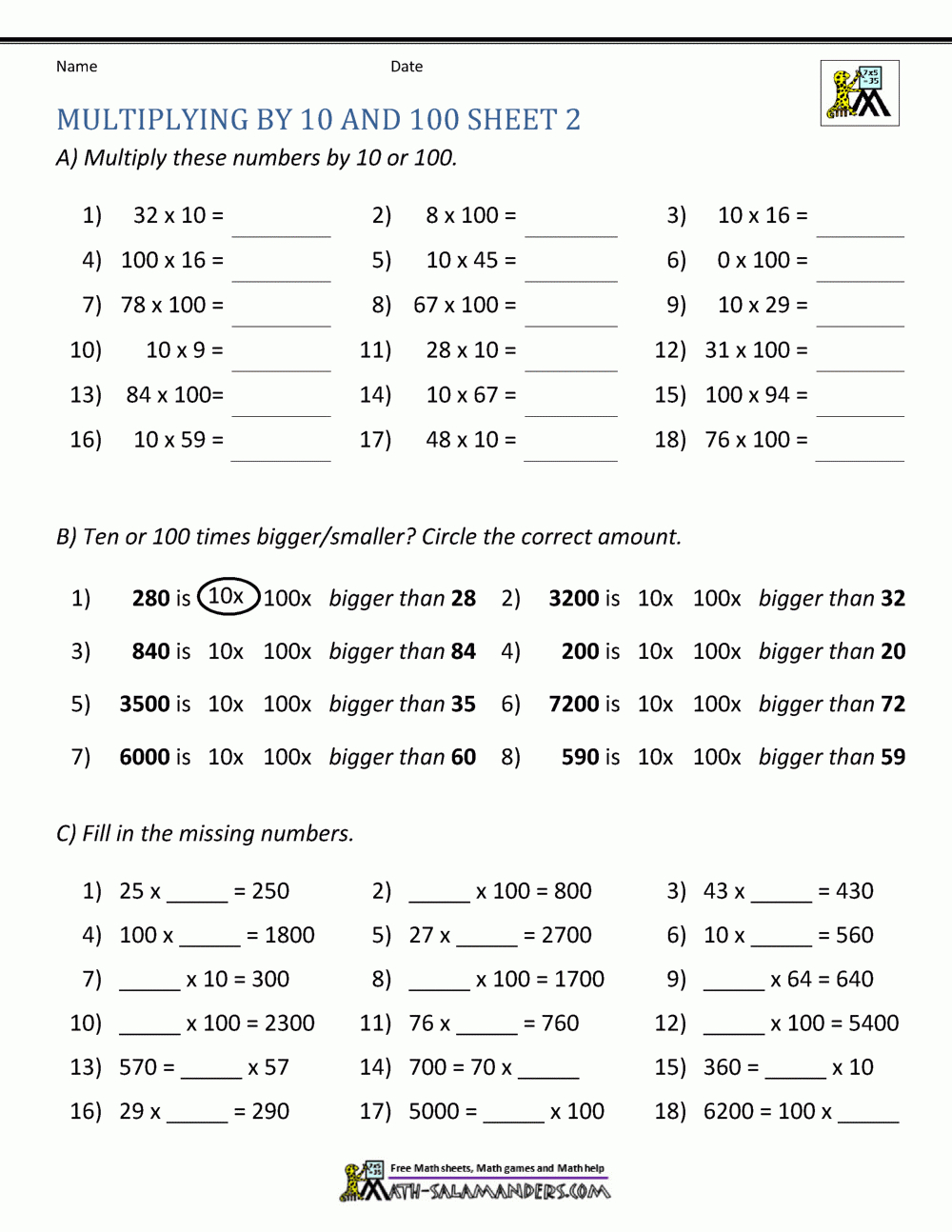 Multiplying10 And 100 Worksheets throughout Multiplication Large Numbers Worksheet