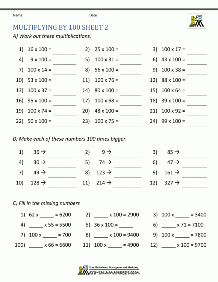 100 Questions Multiplication Worksheets
