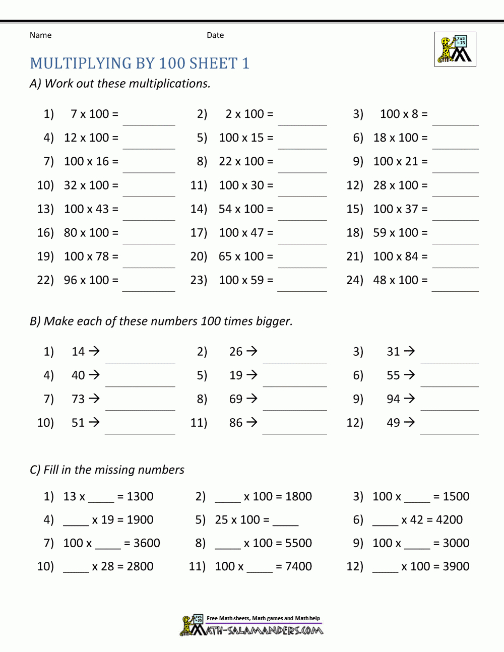 Multiplying10 And 100 Worksheets with regard to Multiplication By 100 Worksheets