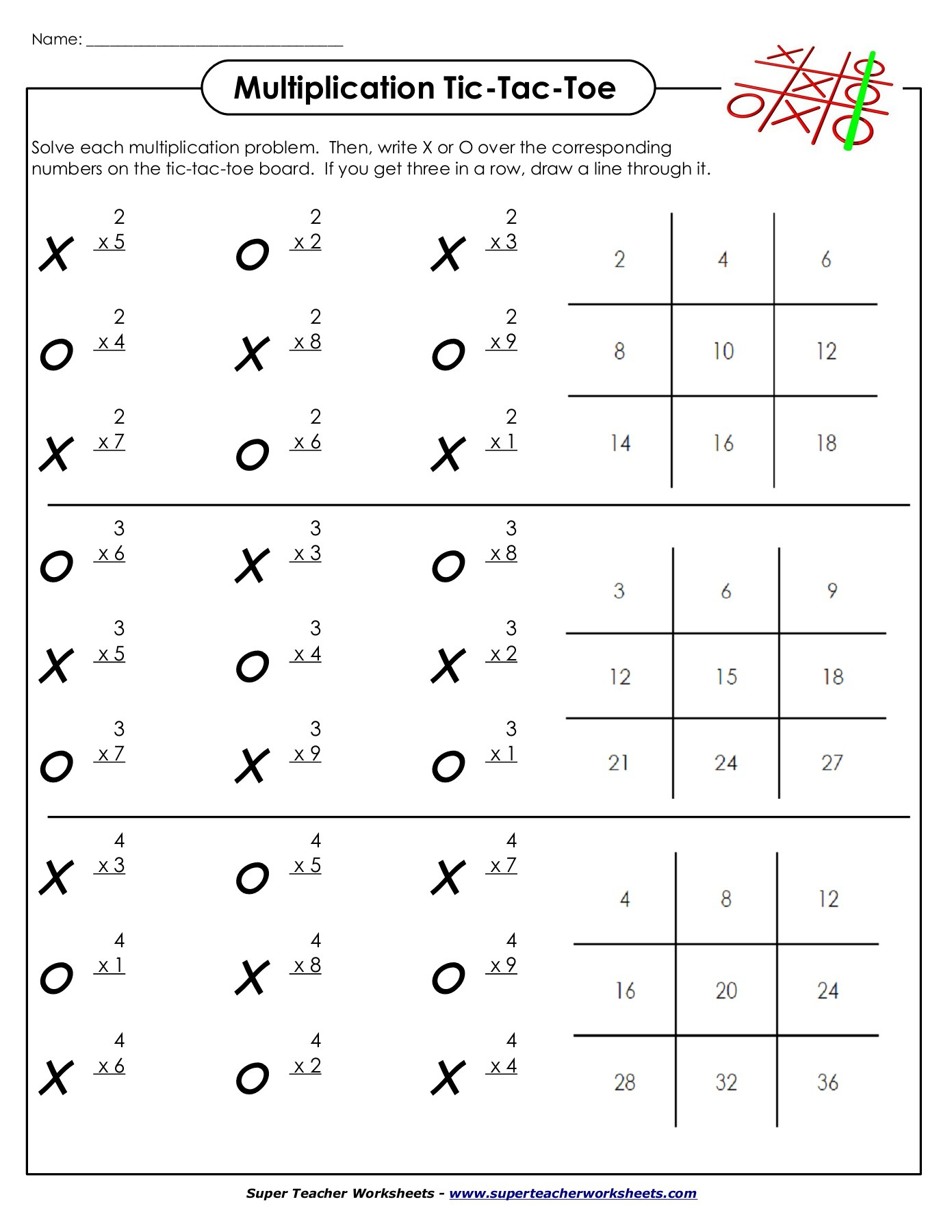 Name: Multiplication Tic-Tac-Toe - Super Teacher Worksheets in Multiplication Super Teacher Worksheets