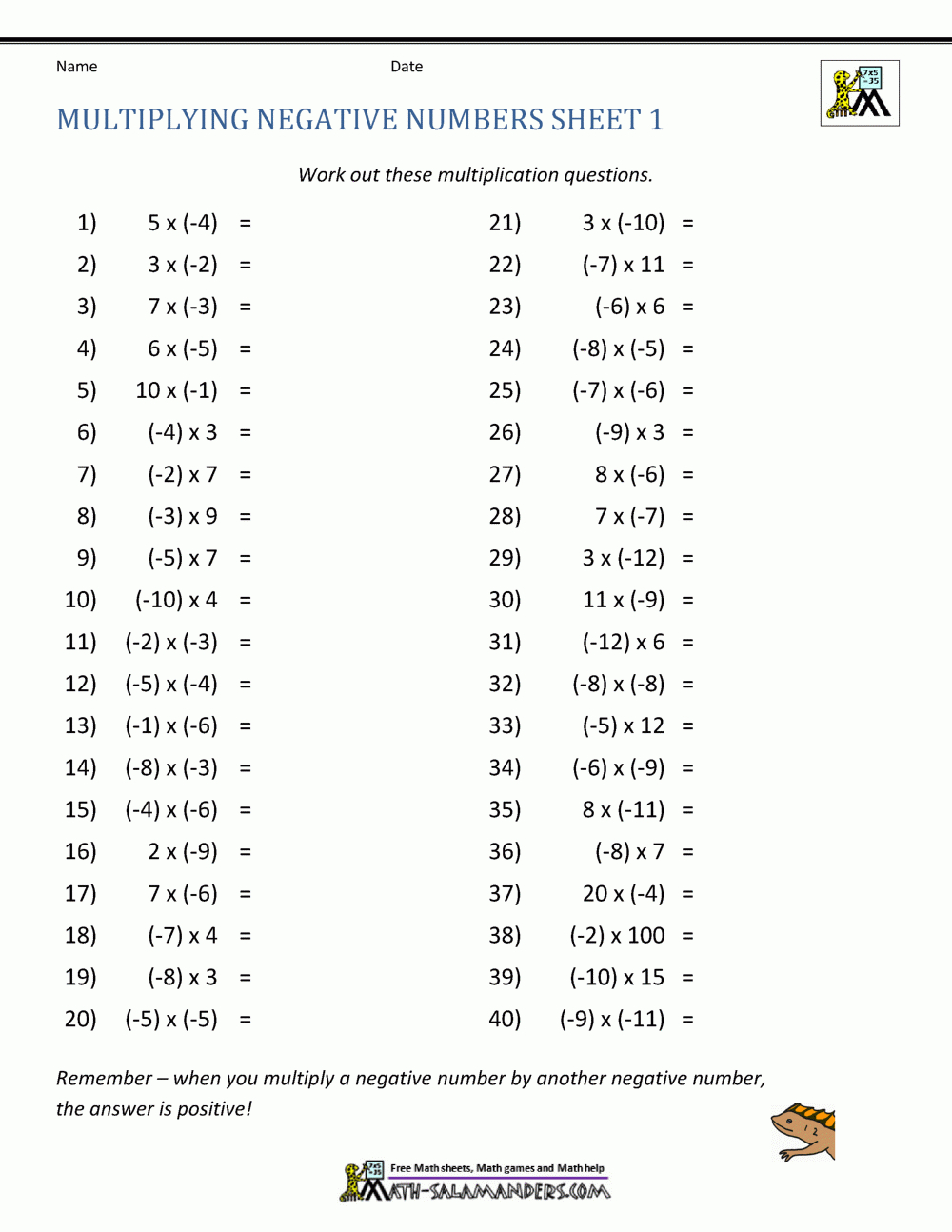 Negative Number Multiplication intended for Positive And Negative Multiplication Worksheets