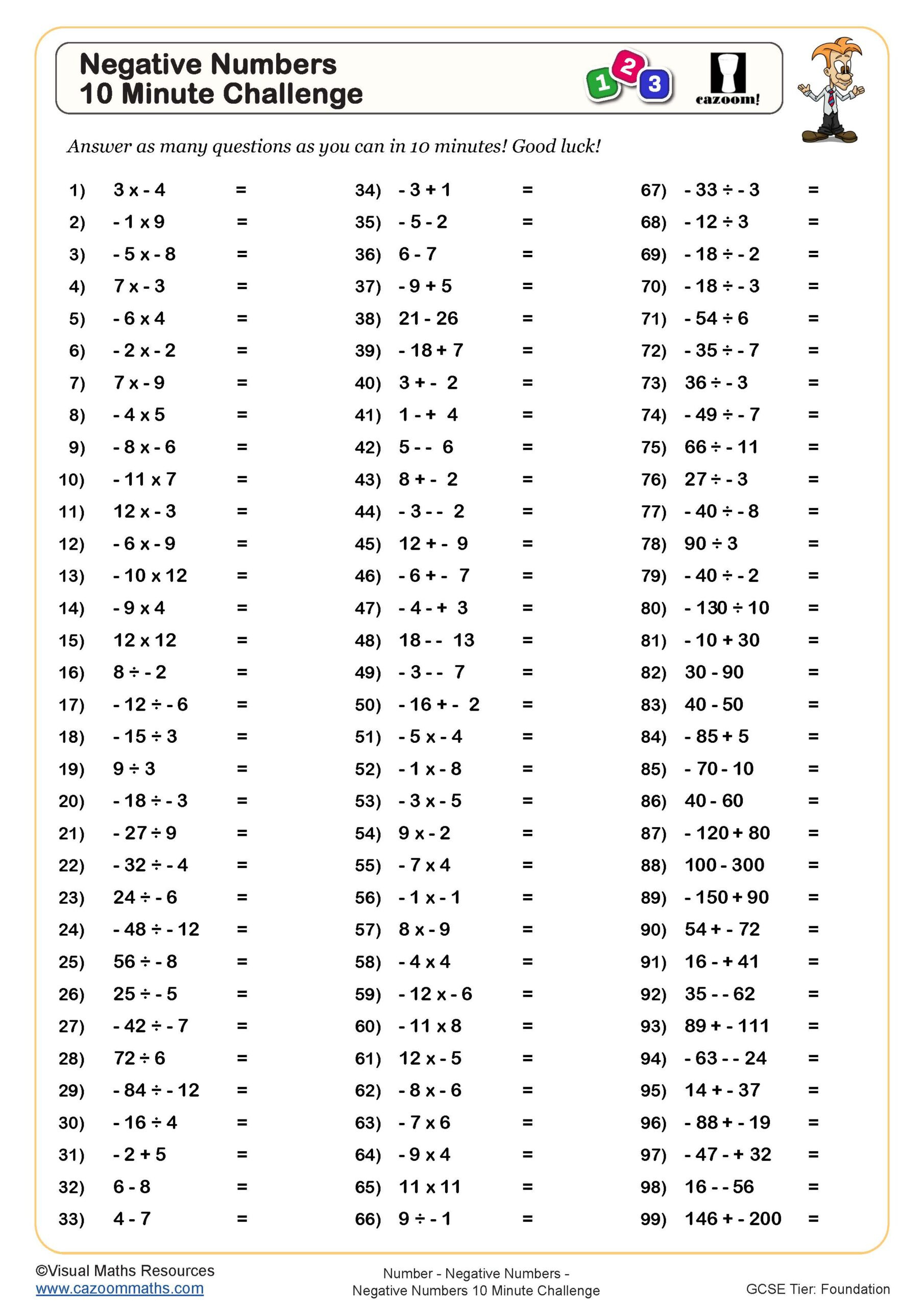 Negative Numbers 10 Minute Challenge Worksheet | Printable Pdf with Multiplication and Division of Negative Numbers Worksheet