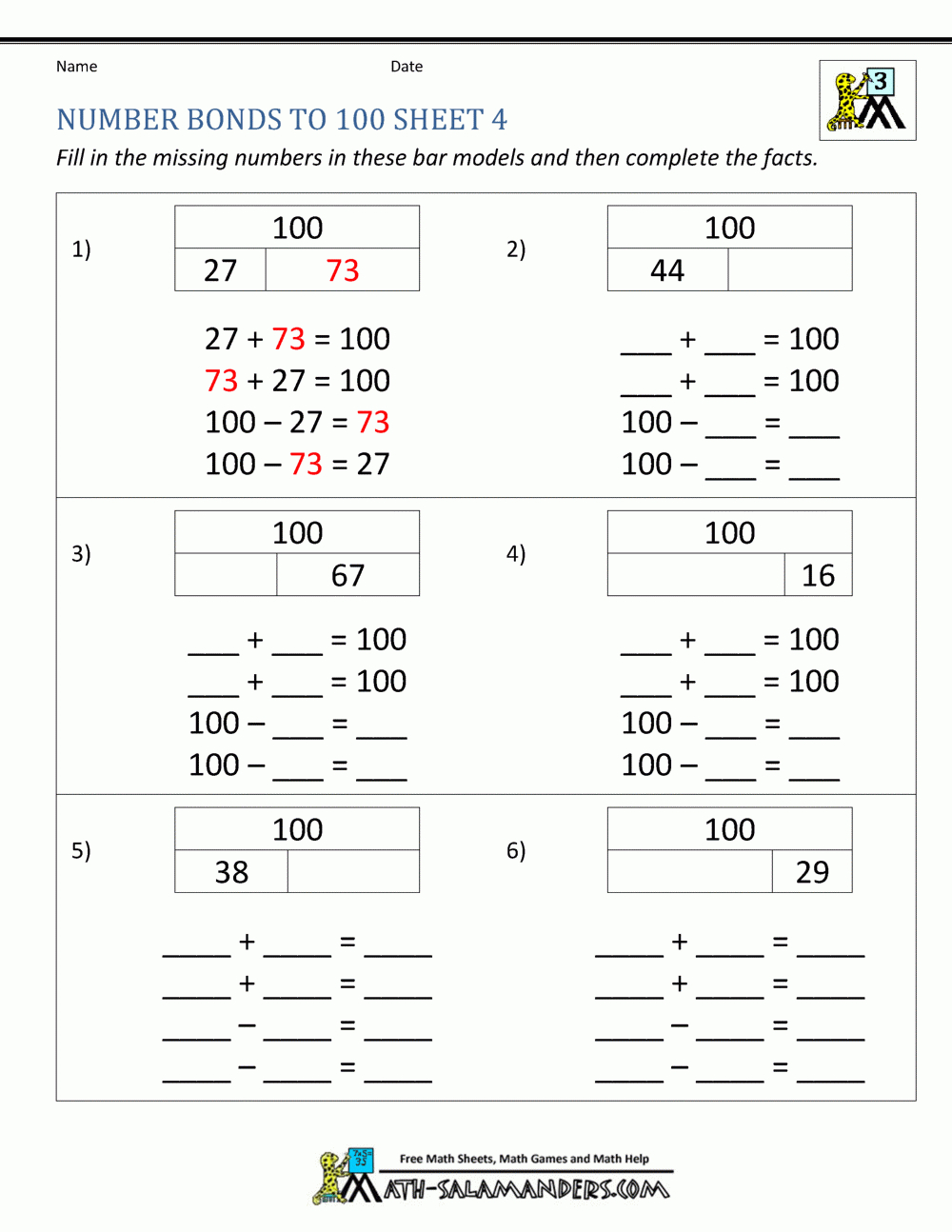 Number Bonds Worksheets To 100 for Number Bonds Multiplication Worksheets