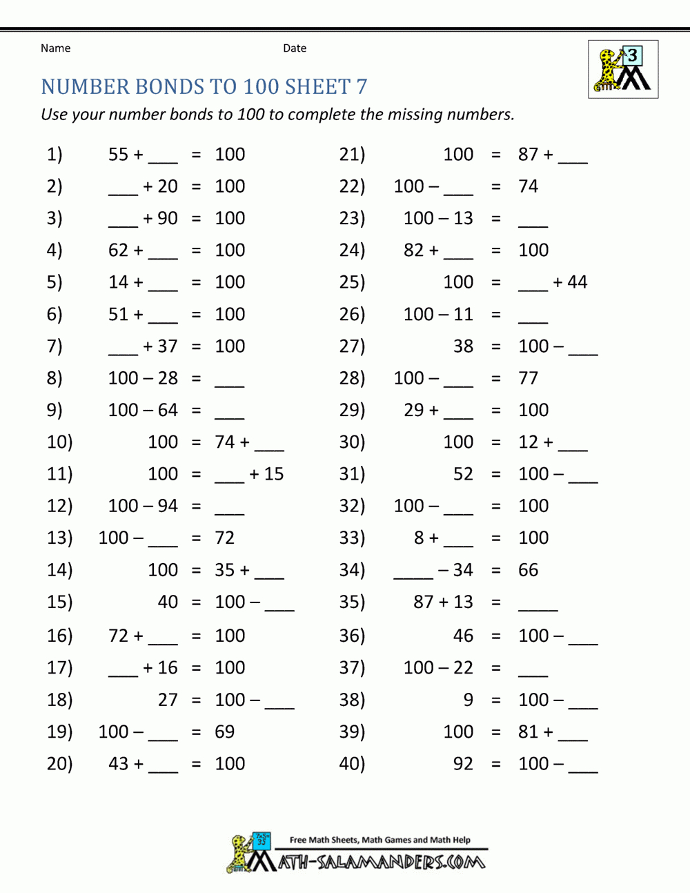 Number Bonds Worksheets To 100 regarding Multiplication Number Bonds Worksheets