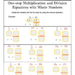 One Step Multiplication And Division Equations With Whole Numbers In Multiplication And Division One Step Equations Worksheet