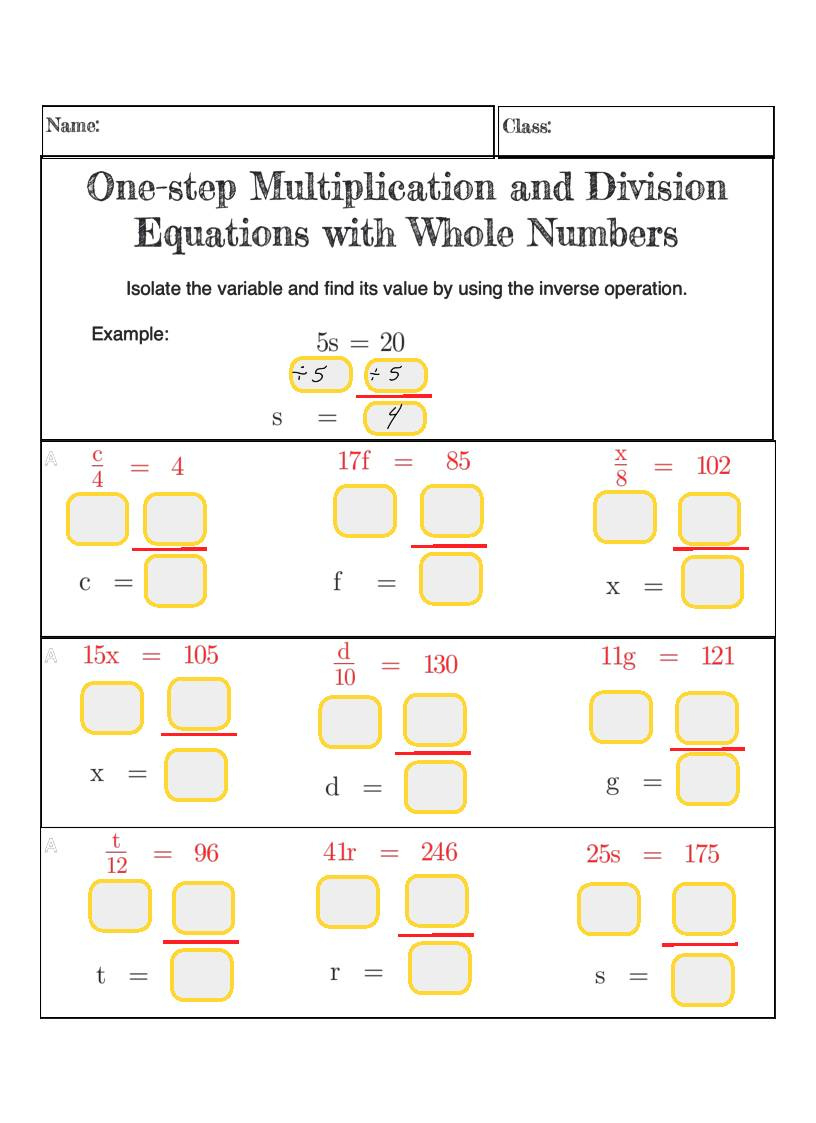One-Step Multiplication And Division Equations With Whole Numbers in Multiplication and Division One Step Equations Worksheet