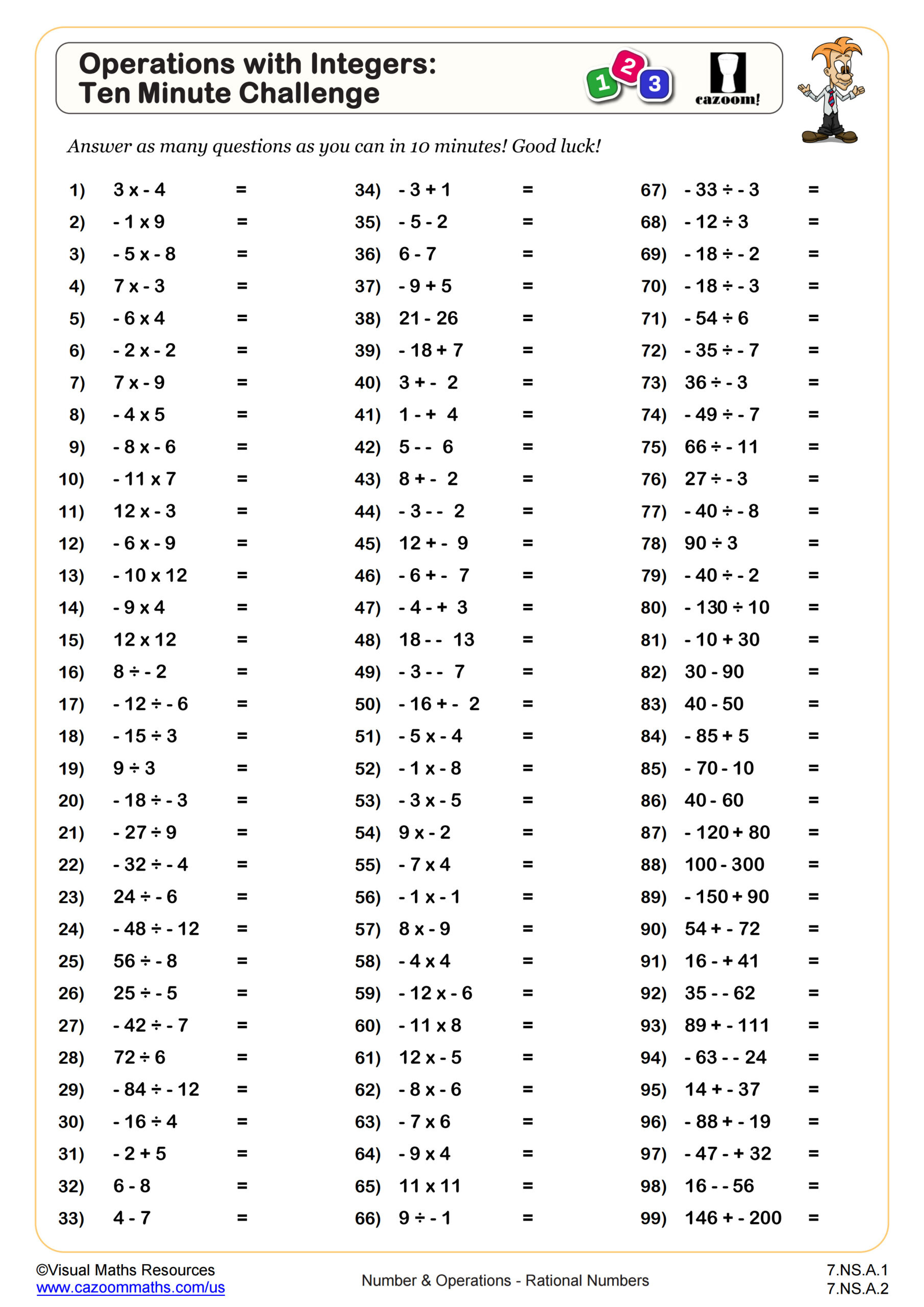 Operations With Integers Ten Minute Challenge Worksheet | Pdf in Positive and Negative Integer Multiplication and Division Worksheet