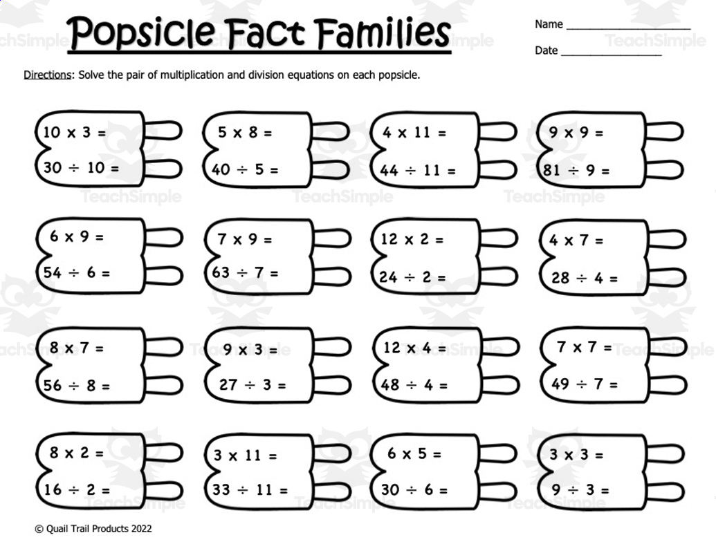 Popsicle Multiplication And Division Worksheets with regard to Relating Multiplication and Division Worksheets