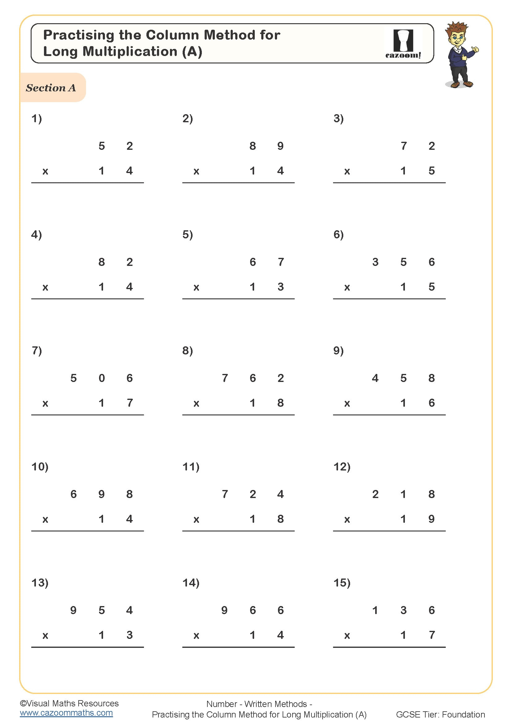 Practising The Column Method For Long Multiplication (A) Worksheet for Large Number Multiplication Worksheets