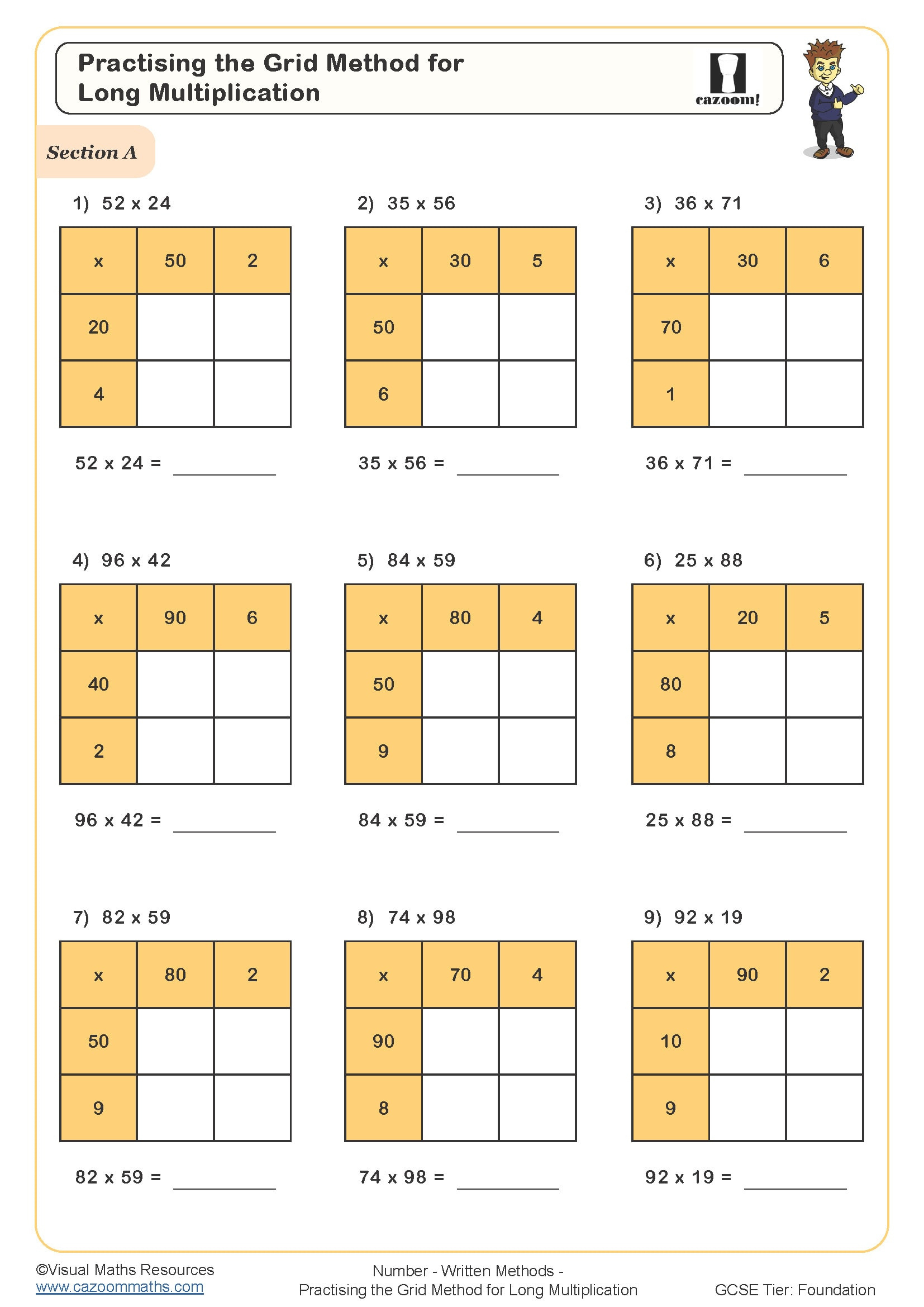 Practising The Grid Method For Long Multiplication Worksheet within Grid Method Multiplication Worksheet