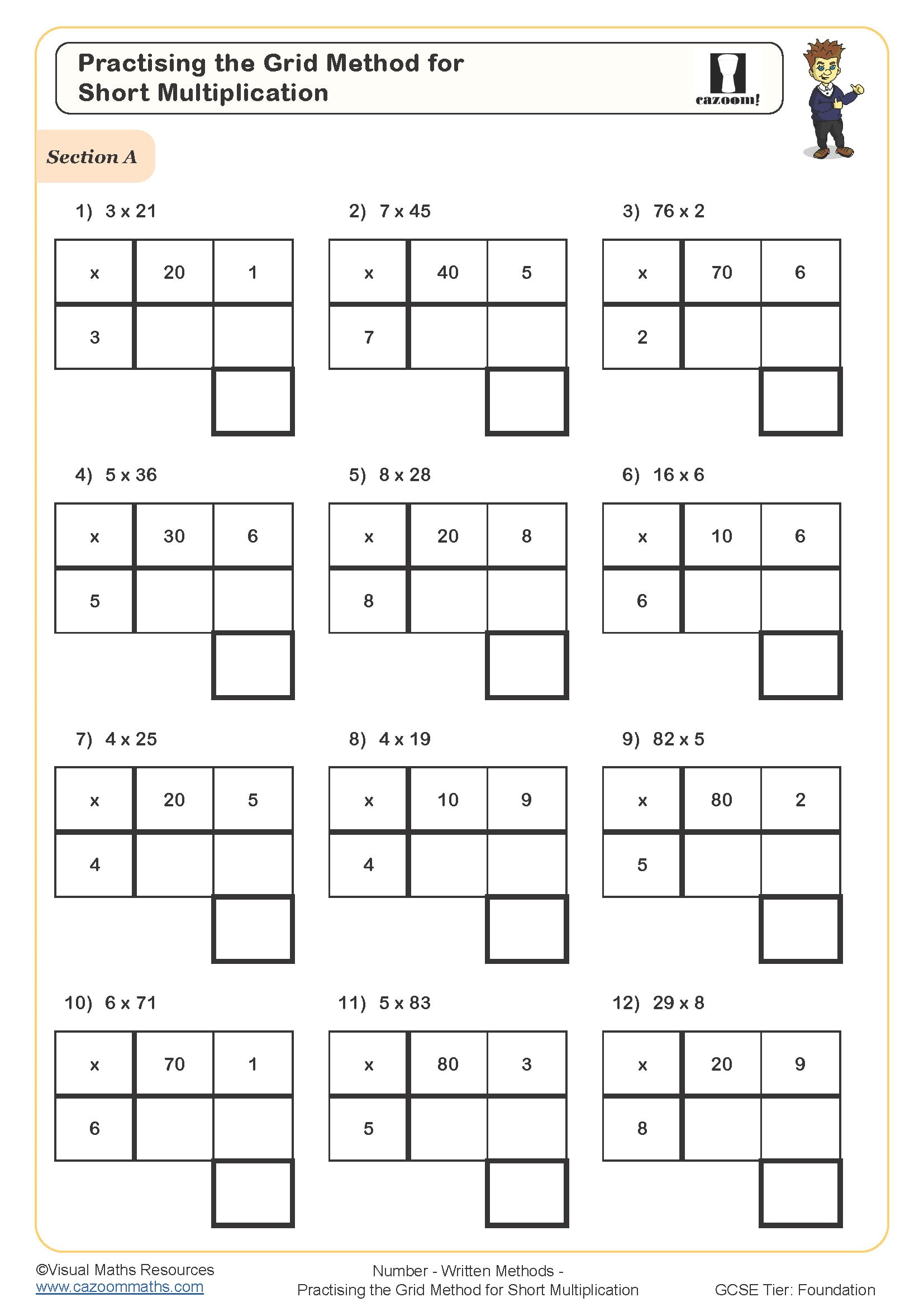 Practising The Grid Method For Short Multiplication (A) Worksheet for Multiplication Box Method Worksheets