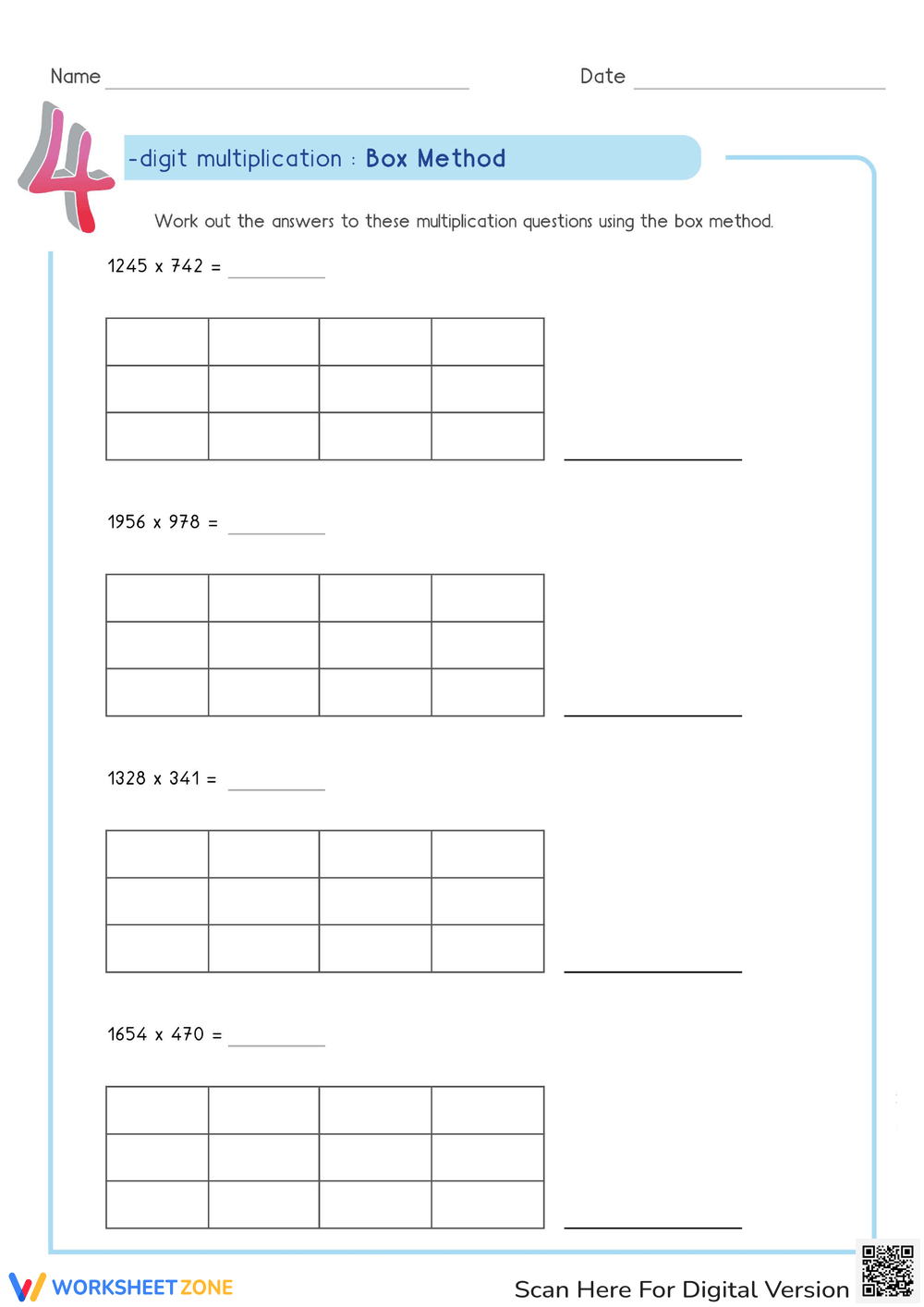 Printable Grade 5 Multiplication And Area Models Worksheets for Box Method Multiplication 5th Grade Worksheet
