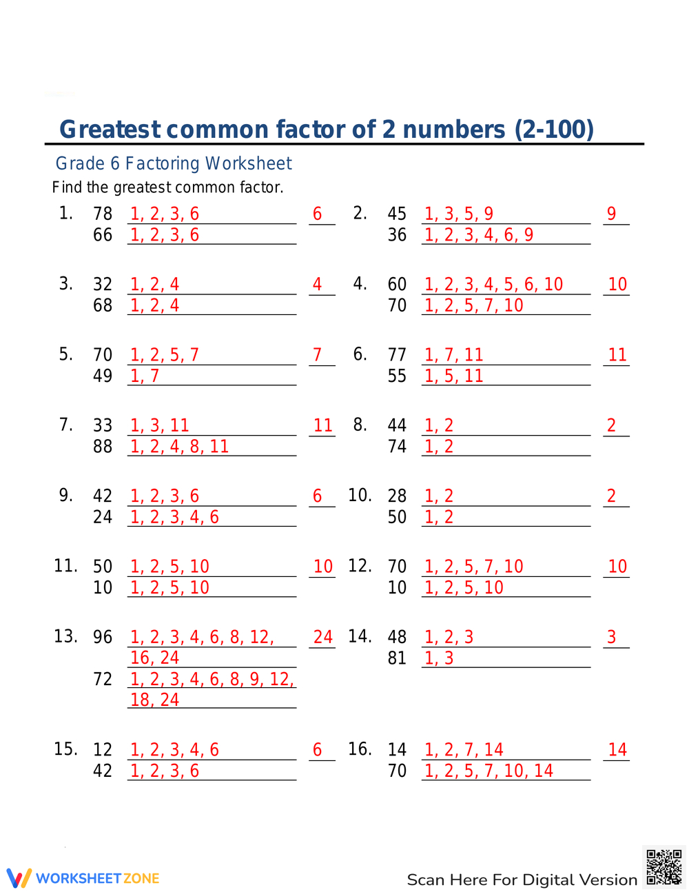 Printable Grade 6 Greatest Common Factor Worksheets Download within Greatest Common Multiple Worksheet