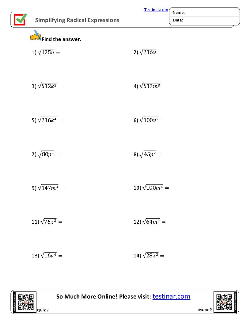 Printable Grade 9 Equations Worksheets intended for Multiplication Of Radical Expressions Worksheet