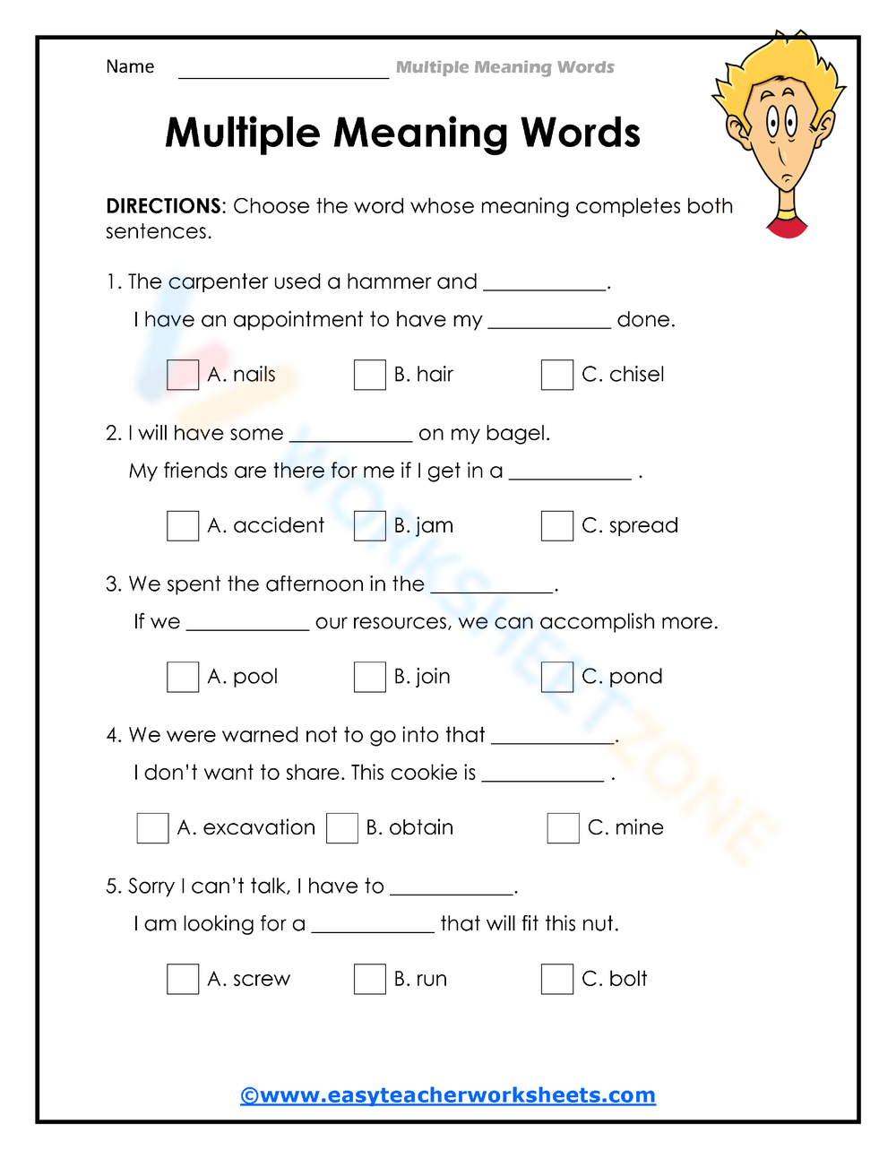 Printable Multiple Meaning Words Worksheets Download with Multiple Meaning Word Worksheets