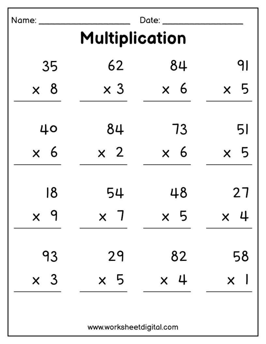 Printable Multiplication Worksheets: 2 Digit X 1 Digit (Pdf) - Etsy inside Multiplication Worksheets 2 Digits