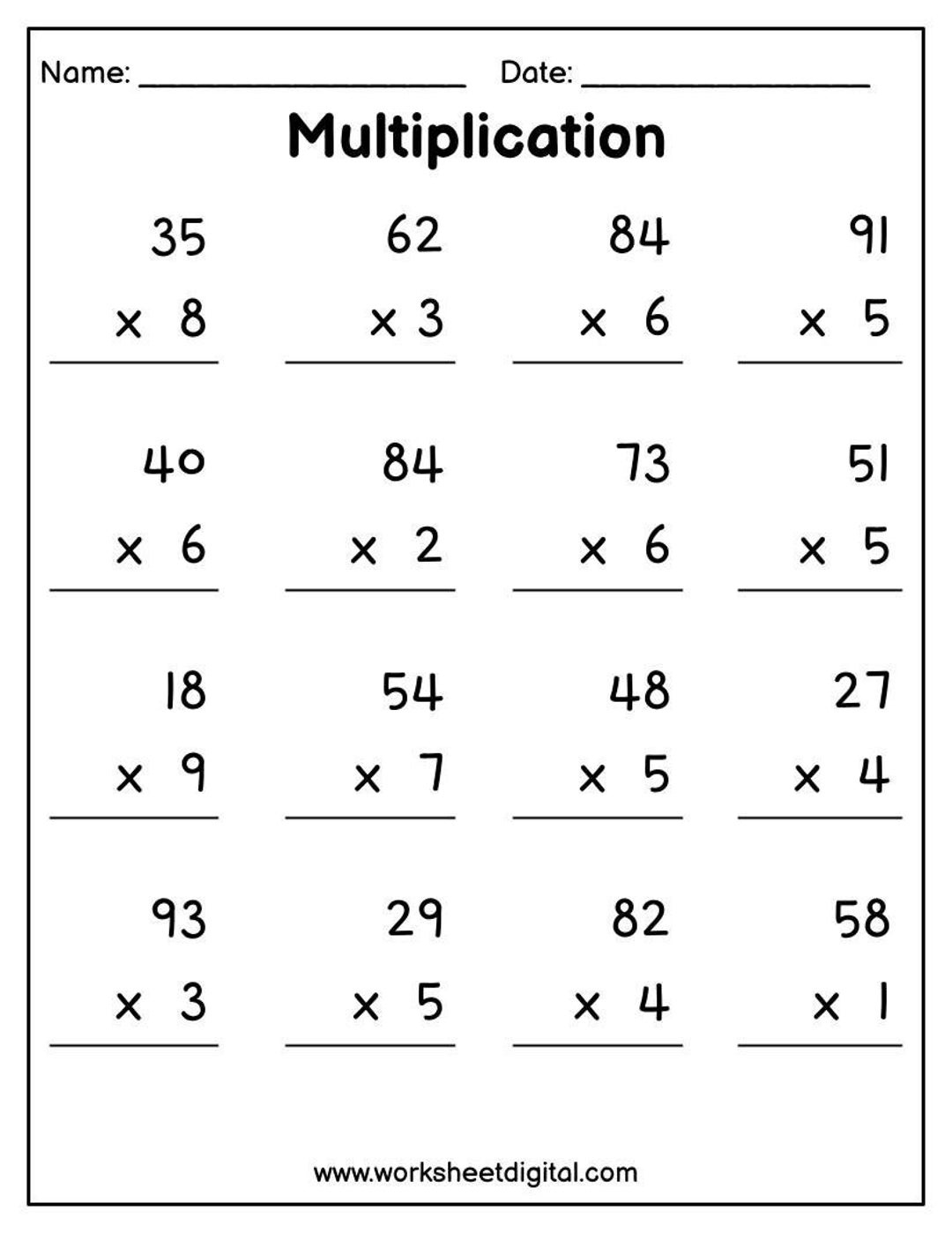 Printable Multiplication Worksheets: 2 Digit X 1 Digit (Pdf in Double Digit By Single Digit Multiplication Worksheets
