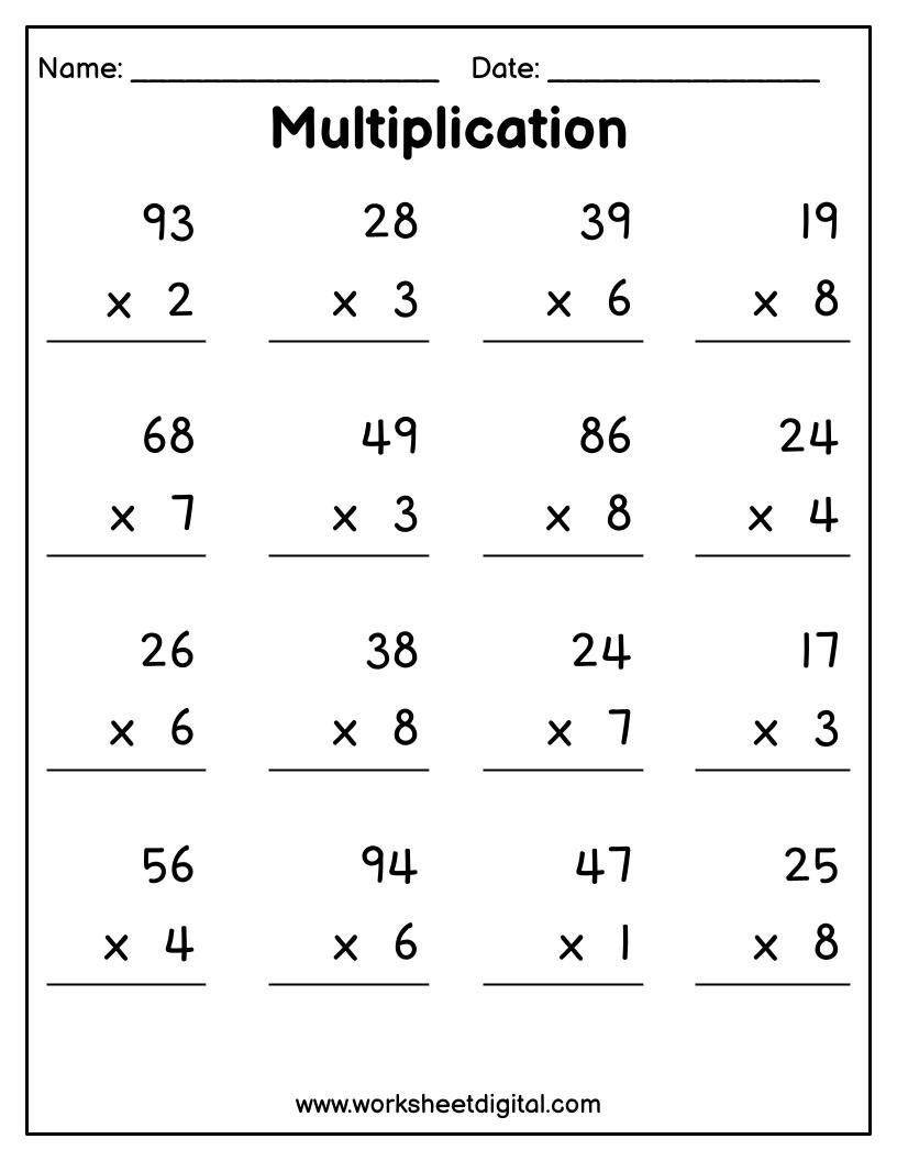 Printable Multiplication Worksheets: 2 Digit X 1 Digit (Pdf in Multiplication Worksheets 2&amp;#039;S