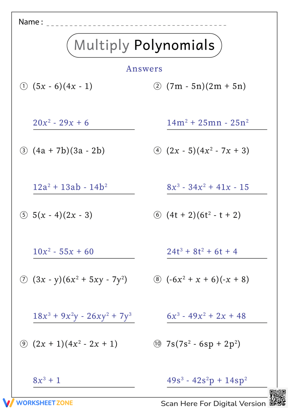 Printable Multiplying Polynomials Worksheets inside Multiplication of Monomials Worksheet
