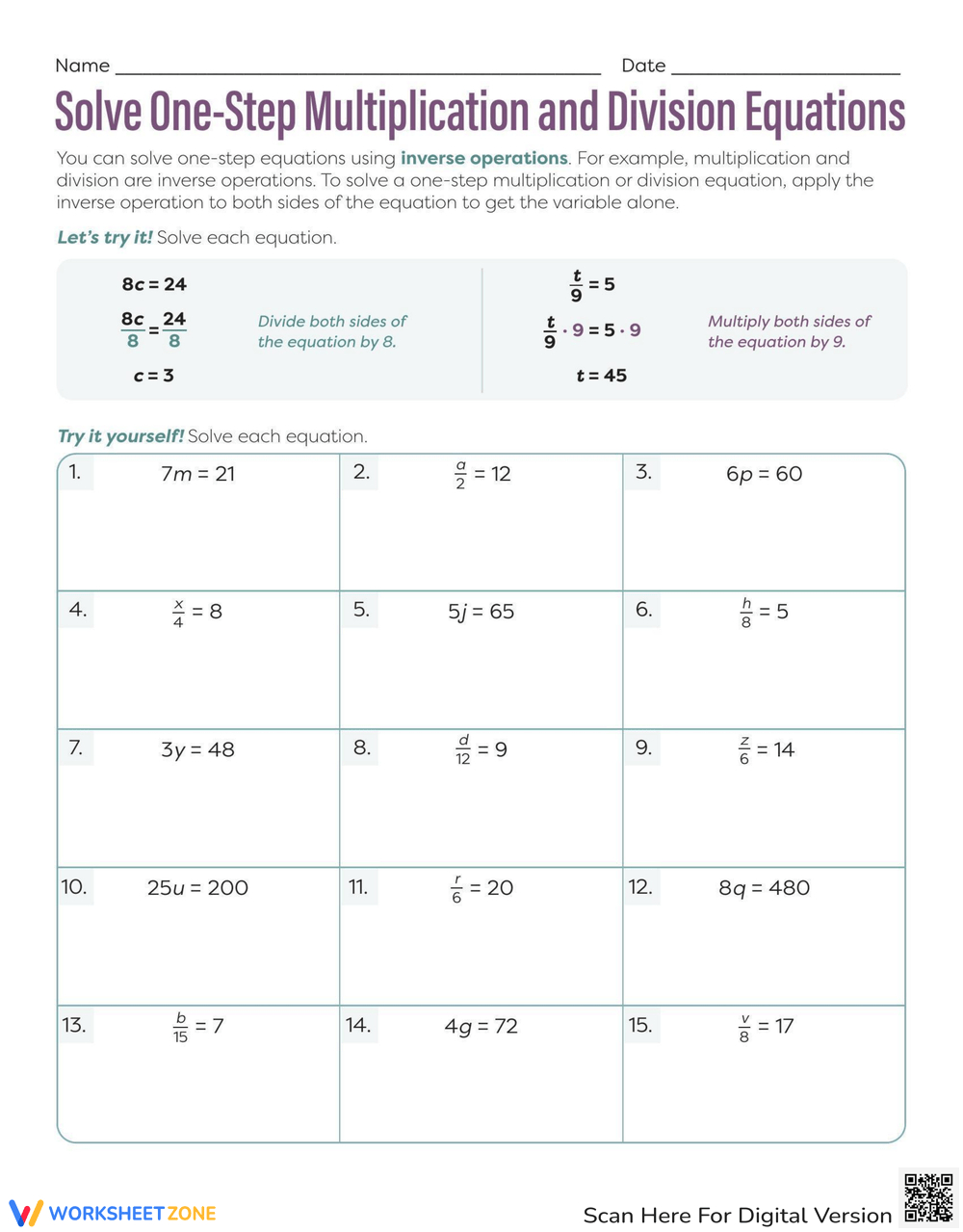 Printable One-Variable Equations Worksheets pertaining to Multiplication and Division One Step Equations Worksheet