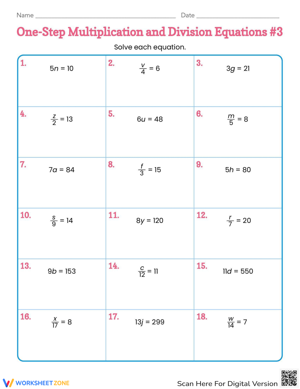 Printable One-Variable Equations Worksheets throughout Solving Equations Using Multiplication And Division Worksheet