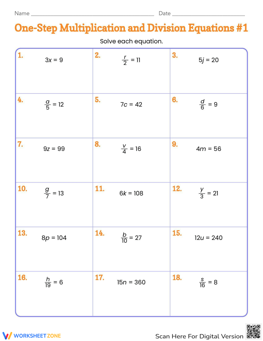Printable One-Variable Equations Worksheets with regard to One Step Equations with Multiplication and Division Worksheet